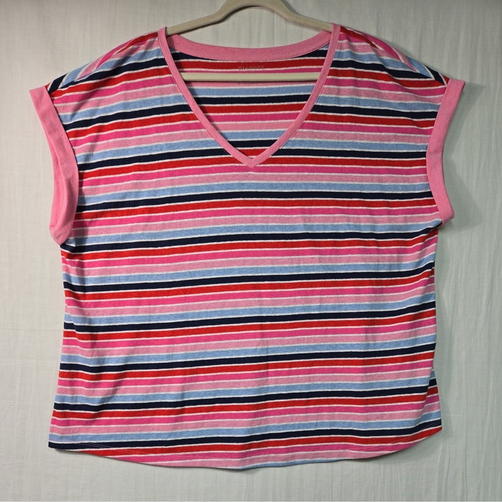 Talbots Top Women's 3X Plus Pink Blue White Stripe Linen Short Sleeve V Neck